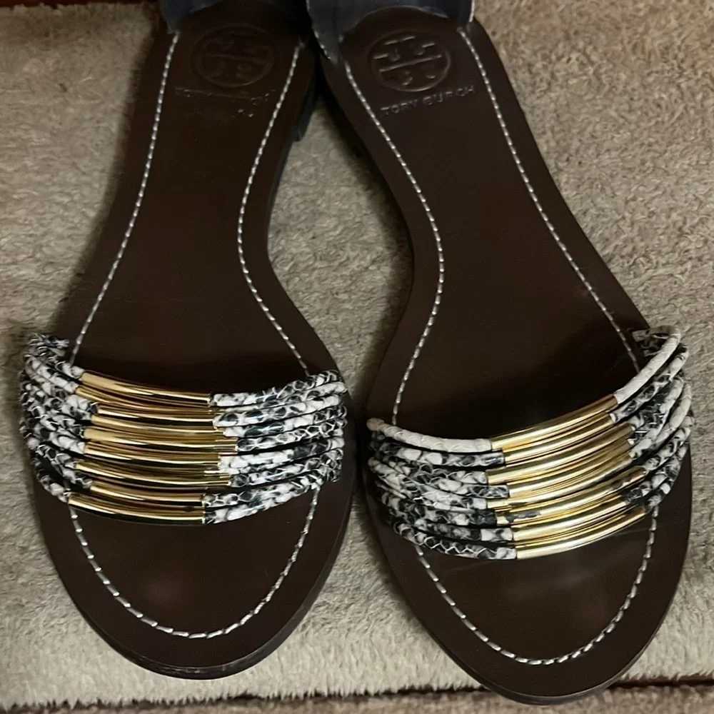 Tory Burch Beige Black Python Embossed Leather Mignon Braided Flat 8.5